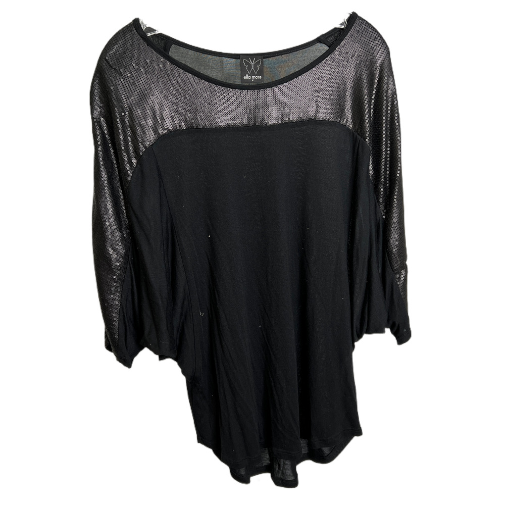 Ella Moss Blouse Women's Black Sequins Sleeve Flowy Top Boat Neck ETXQ13378 Sz M